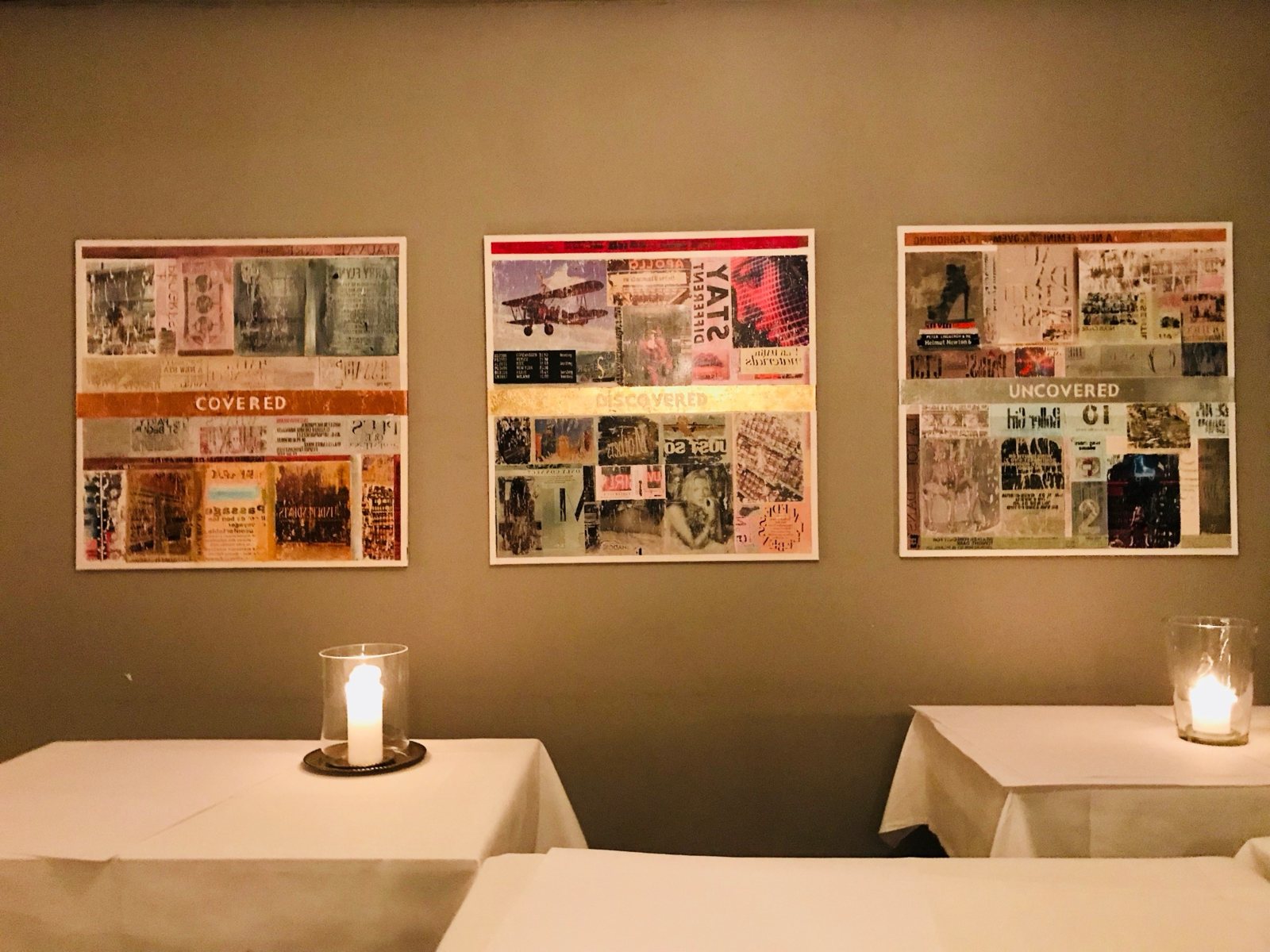 The three works Covered, Discovered and Uncovered hanging side by side
